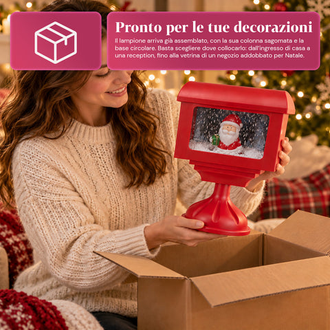 Farol decorativo navideño con forma de buzón, efecto nieve, luces LED y música, 2 variantes: Papá Noel u osito, altura 41 cm, a pilas