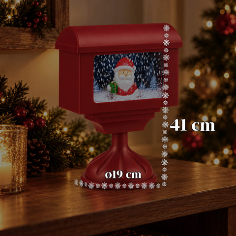 Farol decorativo navideño con forma de buzón, efecto nieve, luces LED y música, 2 variantes: Papá Noel u osito, altura 41 cm, a pilas
