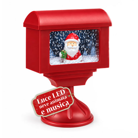 Farol decorativo navideño con forma de buzón, efecto nieve, luces LED y música, 2 variantes: Papá Noel u osito, altura 41 cm, a pilas