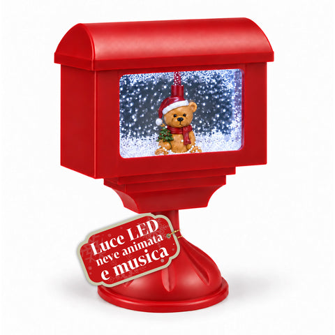Farol decorativo navideño con forma de buzón, efecto nieve, luces LED y música, 2 variantes: Papá Noel u osito, altura 41 cm, a pilas