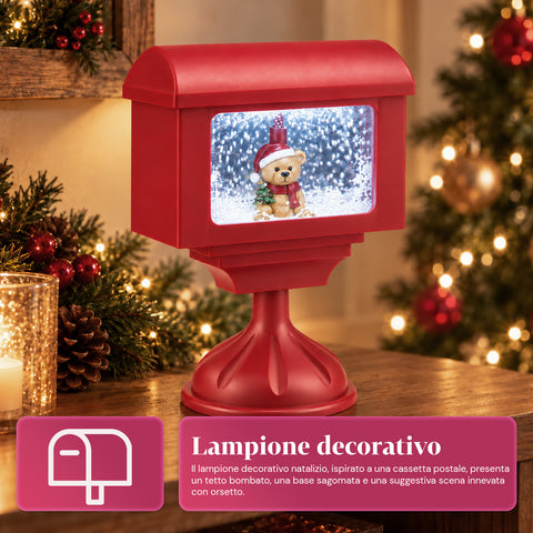 Farol decorativo navideño con forma de buzón, efecto nieve, luces LED y música, 2 variantes: Papá Noel u osito, altura 41 cm, a pilas