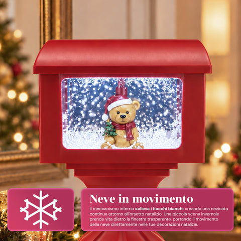 Farol decorativo navideño con forma de buzón, efecto nieve, luces LED y música, 2 variantes: Papá Noel u osito, altura 41 cm, a pilas