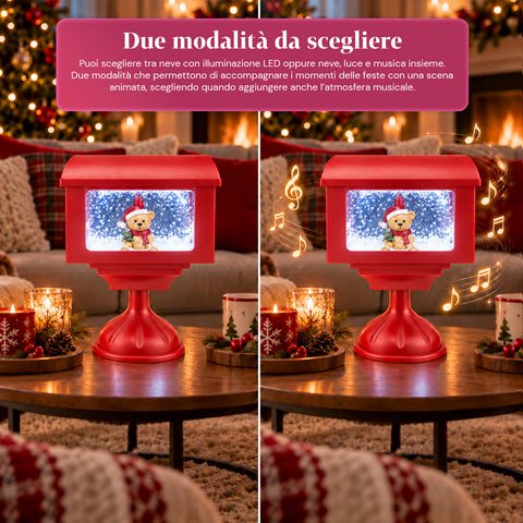 Farol decorativo navideño con forma de buzón, efecto nieve, luces LED y música, 2 variantes: Papá Noel u osito, altura 41 cm, a pilas