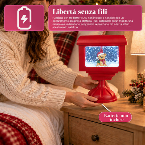 Farol decorativo navideño con forma de buzón, efecto nieve, luces LED y música, 2 variantes: Papá Noel u osito, altura 41 cm, a pilas