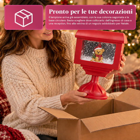 Farol decorativo navideño con forma de buzón, efecto nieve, luces LED y música, 2 variantes: Papá Noel u osito, altura 41 cm, a pilas
