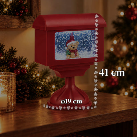 Farol decorativo navideño con forma de buzón, efecto nieve, luces LED y música, 2 variantes: Papá Noel u osito, altura 41 cm, a pilas
