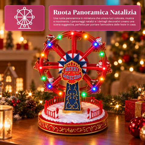 Rueda panorámica navideña con luces LED, música y movimiento giratorio, 2 colores, decoración navideña animada, altura 26 cm, base 22 cm, plástico