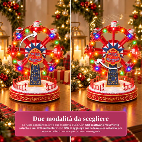 Rueda panorámica navideña con luces LED, música y movimiento giratorio, 2 colores, decoración navideña animada, altura 26 cm, base 22 cm, plástico