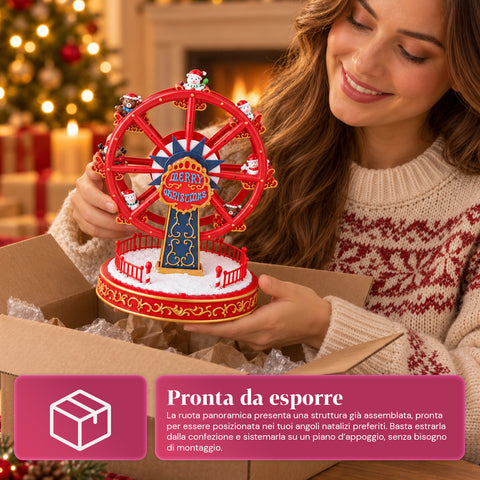 Rueda panorámica navideña con luces LED, música y movimiento giratorio, 2 colores, decoración navideña animada, altura 26 cm, base 22 cm, plástico