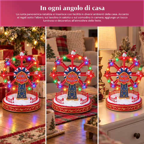 Rueda panorámica navideña con luces LED, música y movimiento giratorio, 2 colores, decoración navideña animada, altura 26 cm, base 22 cm, plástico