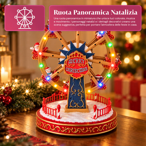 Rueda panorámica navideña con luces LED, música y movimiento giratorio, 2 colores, decoración navideña animada, altura 26 cm, base 22 cm, plástico