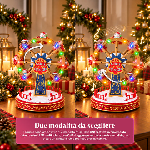 Rueda panorámica navideña con luces LED, música y movimiento giratorio, 2 colores, decoración navideña animada, altura 26 cm, base 22 cm, plástico