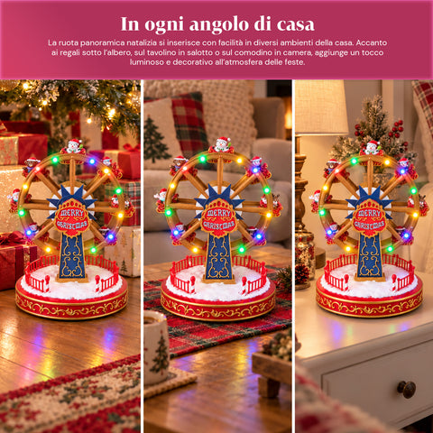 Rueda panorámica navideña con luces LED, música y movimiento giratorio, 2 colores, decoración navideña animada, altura 26 cm, base 22 cm, plástico