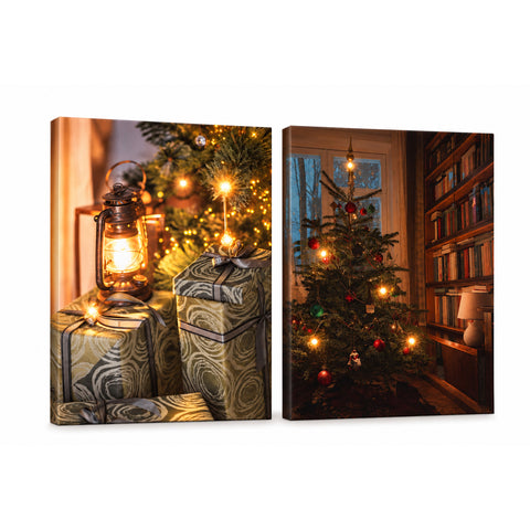 Cuadros navideños con luces LED, set de 2, 30x40 cm: Papá Noel, renos, gnomo y árboles iluminados, a pilas con interruptor