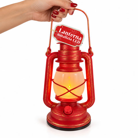 Farol navideño rojo LED con efecto de llama y música navideña, gancho para colgar y acabados dorados, decoración de 15x11x25 cm