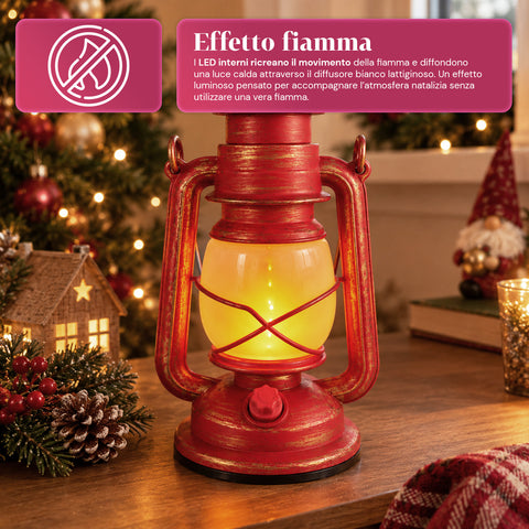 Farol navideño rojo LED con efecto de llama y música navideña, gancho para colgar y acabados dorados, decoración de 15x11x25 cm