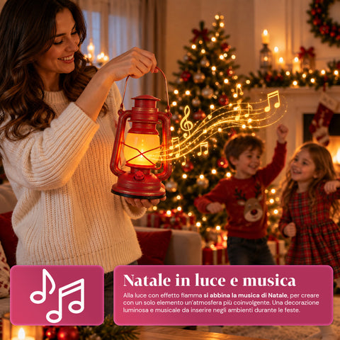 Farol navideño rojo LED con efecto de llama y música navideña, gancho para colgar y acabados dorados, decoración de 15x11x25 cm