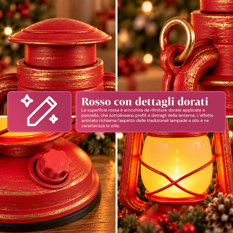 Farol navideño rojo LED con efecto de llama y música navideña, gancho para colgar y acabados dorados, decoración de 15x11x25 cm