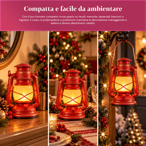 Farol navideño rojo LED con efecto de llama y música navideña, gancho para colgar y acabados dorados, decoración de 15x11x25 cm