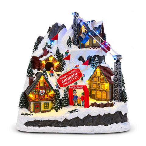 Pueblo navideño luminoso con tobogán en movimiento, teleférico, luces LED y música navideña – 28x19x32 cm