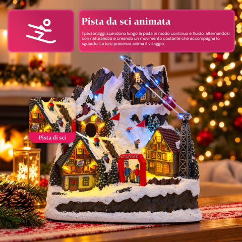 Pueblo navideño luminoso con tobogán en movimiento, teleférico, luces LED y música navideña – 28x19x32 cm