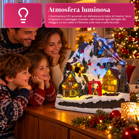 Pueblo navideño luminoso con tobogán en movimiento, teleférico, luces LED y música navideña – 28x19x32 cm