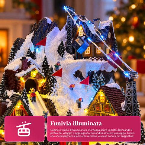 Pueblo navideño luminoso con tobogán en movimiento, teleférico, luces LED y música navideña – 28x19x32 cm
