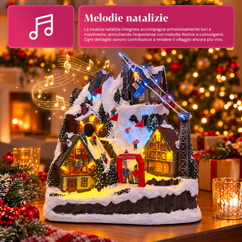 Pueblo navideño luminoso con tobogán en movimiento, teleférico, luces LED y música navideña – 28x19x32 cm
