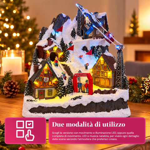 Pueblo navideño luminoso con tobogán en movimiento, teleférico, luces LED y música navideña – 28x19x32 cm