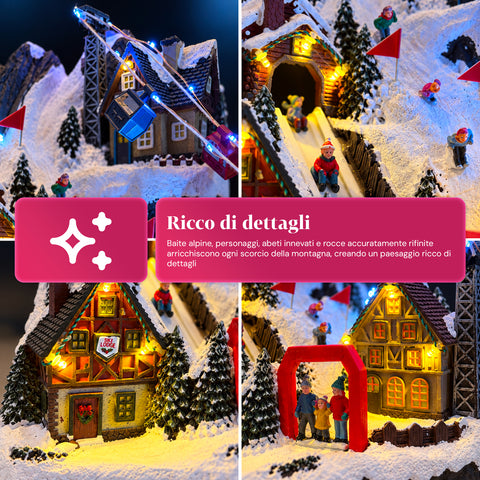 Pueblo navideño luminoso con tobogán en movimiento, teleférico, luces LED y música navideña – 28x19x32 cm
