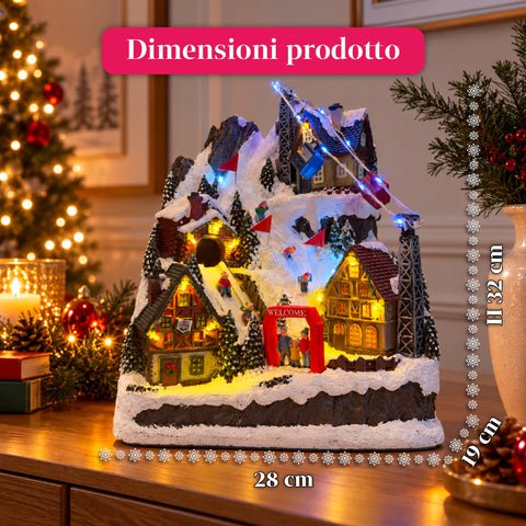 Pueblo navideño luminoso con tobogán en movimiento, teleférico, luces LED y música navideña – 28x19x32 cm