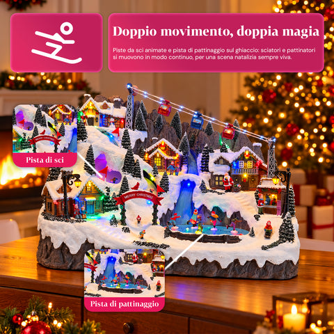 Pueblo navideño luminoso con pistas de esquí y patinaje en movimiento, luces LED y música – 56x37x42 cm