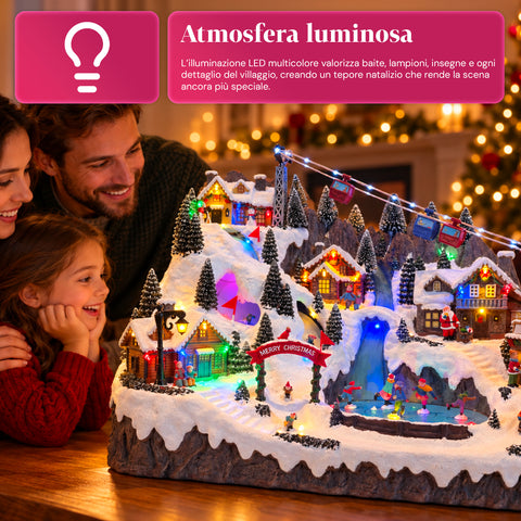 Pueblo navideño luminoso con pistas de esquí y patinaje en movimiento, luces LED y música – 56x37x42 cm