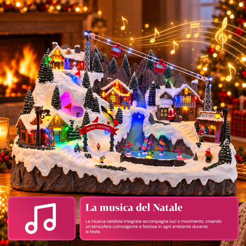 Pueblo navideño luminoso con pistas de esquí y patinaje en movimiento, luces LED y música – 56x37x42 cm
