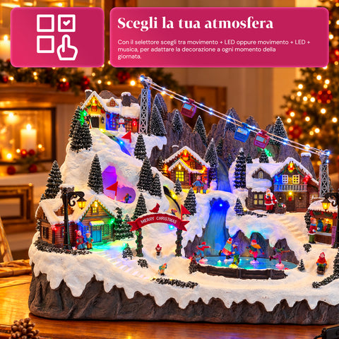 Pueblo navideño luminoso con pistas de esquí y patinaje en movimiento, luces LED y música – 56x37x42 cm