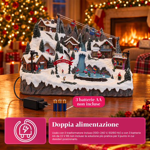 Pueblo navideño luminoso con pistas de esquí y patinaje en movimiento, luces LED y música – 56x37x42 cm