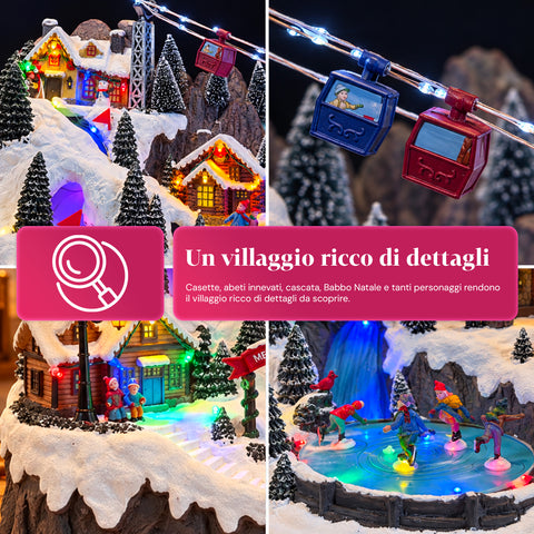 Pueblo navideño luminoso con pistas de esquí y patinaje en movimiento, luces LED y música – 56x37x42 cm
