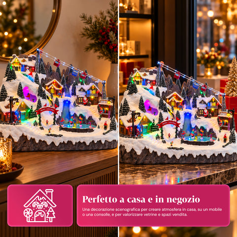Pueblo navideño luminoso con pistas de esquí y patinaje en movimiento, luces LED y música – 56x37x42 cm