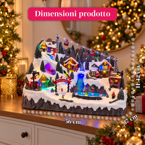 Pueblo navideño luminoso con pistas de esquí y patinaje en movimiento, luces LED y música – 56x37x42 cm
