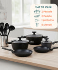 Batteria da Cucina Completa 13 Pezzi in Vari Colori con Mestoli Inclusi