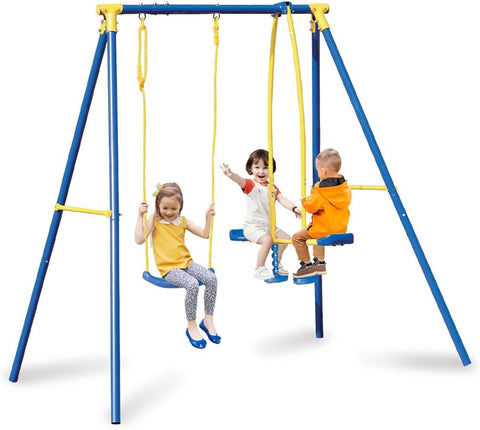 Columpio infantil 3 en acero pintado azul con asiento y caballito