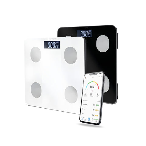 Báscula digital inteligente con 8 perfiles, de vidrio templado y apagado automático