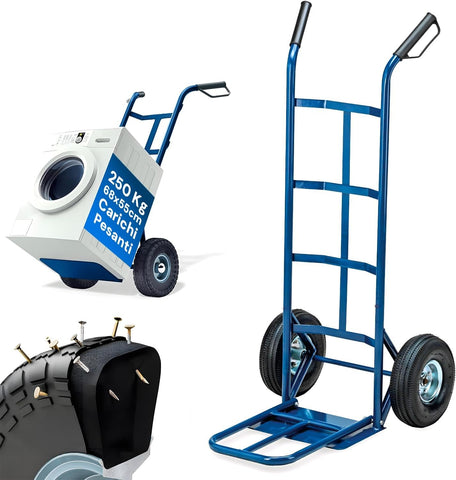 Carretilla de carga de acero azul de 250 kg con ruedas neumáticas resistentes
