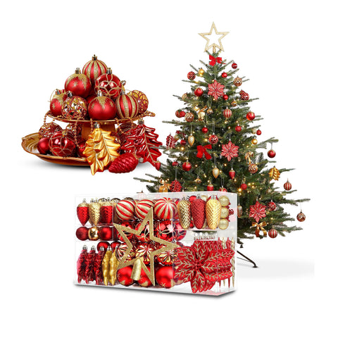 Set de adornos navideños de 106 piezas, rojo y dorado - con estrellas y flores con purpurina