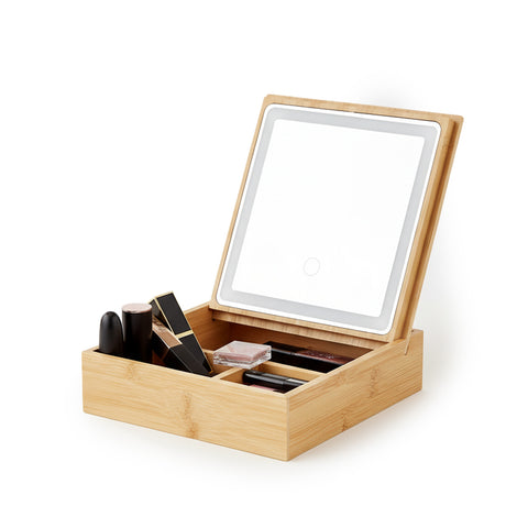 Organizador de bambú con espejo LED – Organizador de 3 compartimentos de 19.7x19.7x22 cm