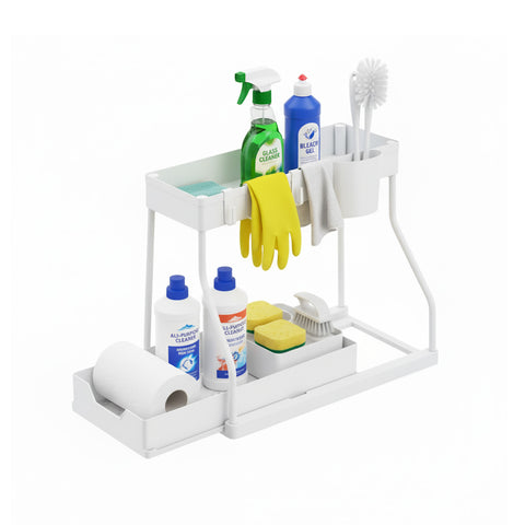 Organizador extraíble ahorraespacio con cesta y ganchos para baño o cocina