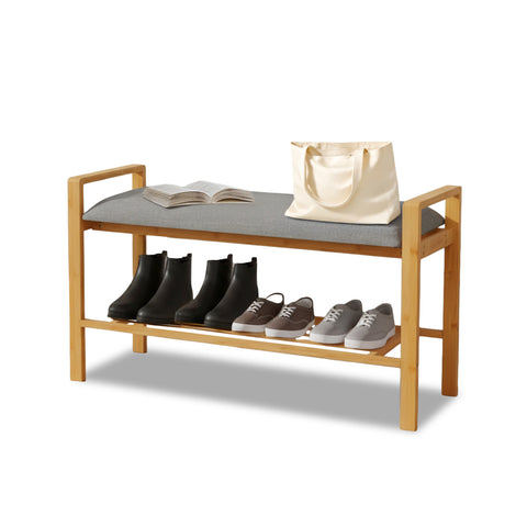 Banco multifunción de bambú - asiento con estante para zapatos