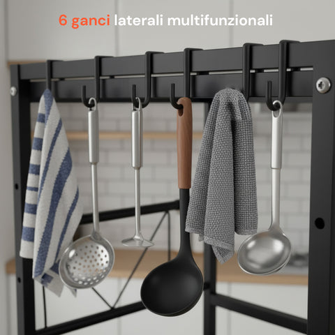 Scaffale da Cucina Espandibile a 3 Ripiani in Metallo e Legno con 6 Ganci Inclusi