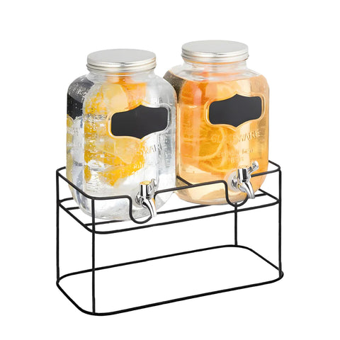 Set de 2 dispensadores de bebidas de vidrio de 4L con grifo y soporte de metal