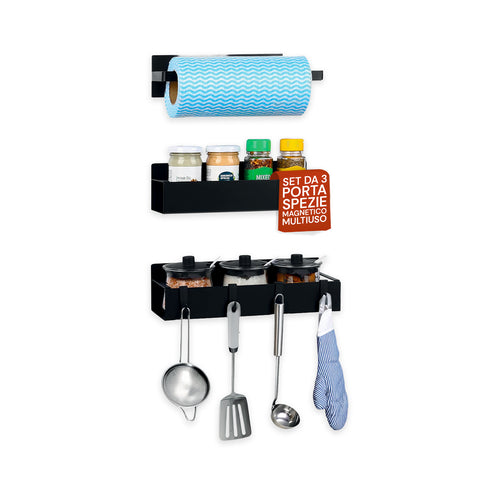 Set de 3 organizadores magnéticos de cocina: especiero, tarros y portarrollos sin taladros